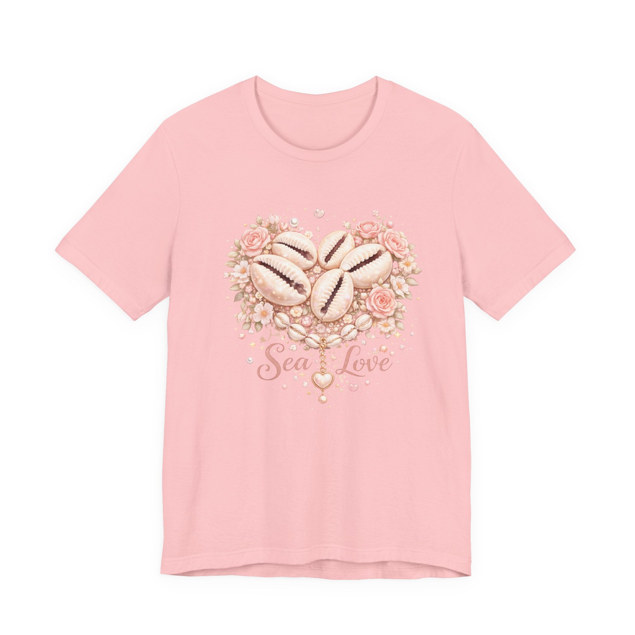 Sea Love seashell heart design Tee | coastal floral seashells, soft pink script