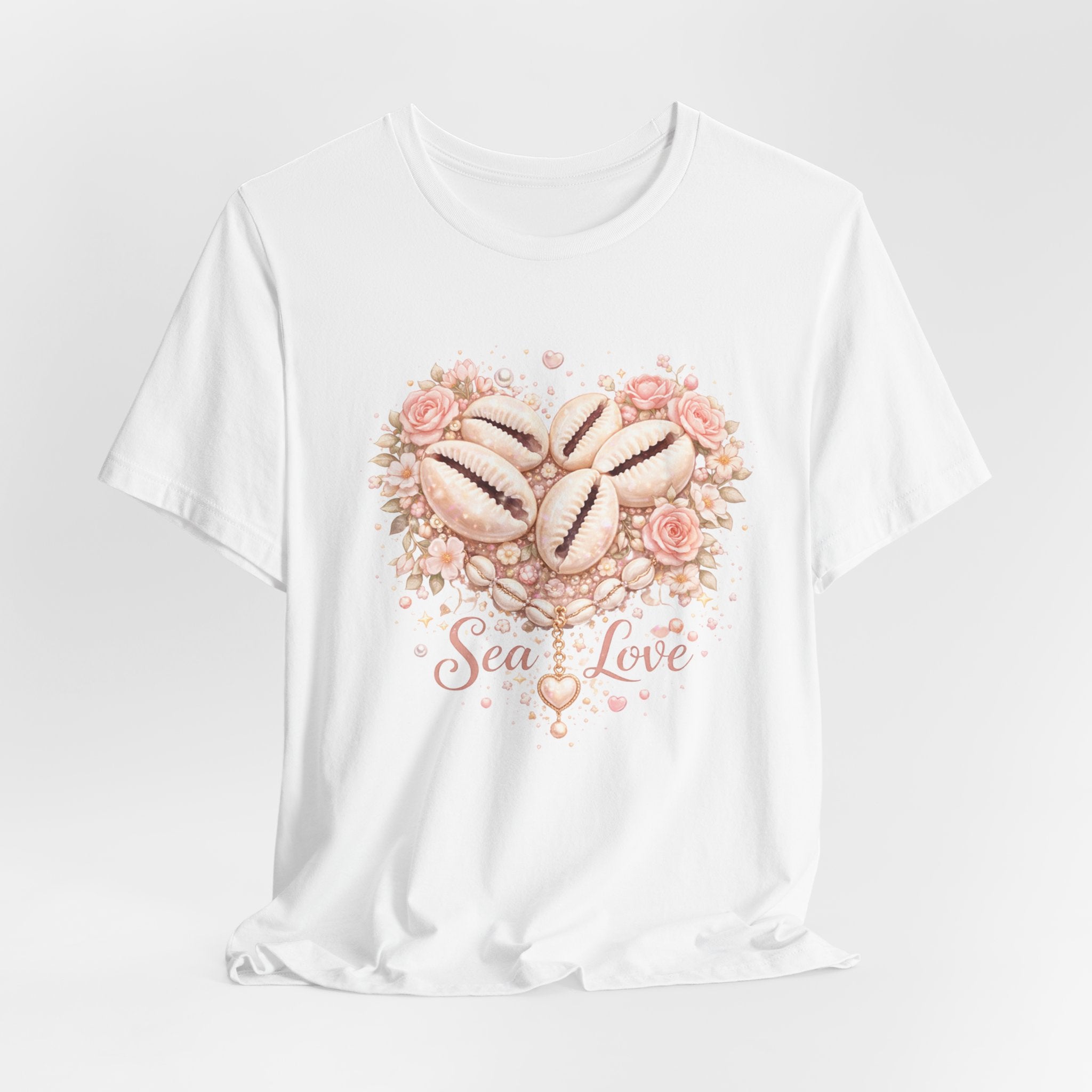 Sea Love seashell heart design Tee | coastal floral seashells, soft pink script