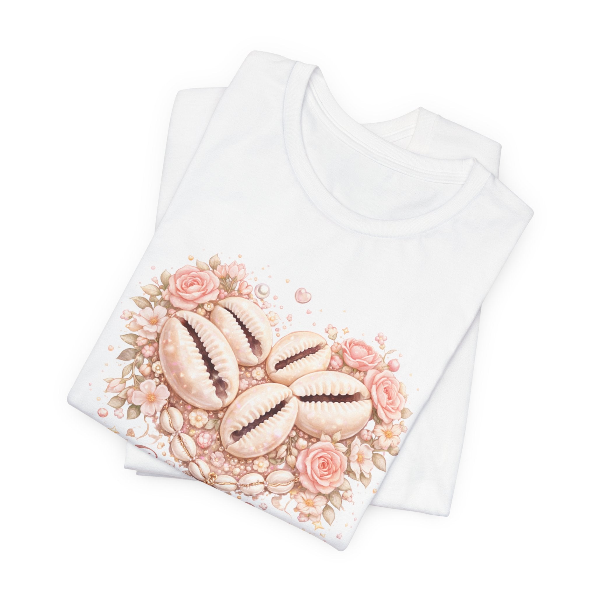 Sea Love seashell heart design Tee | coastal floral seashells, soft pink script