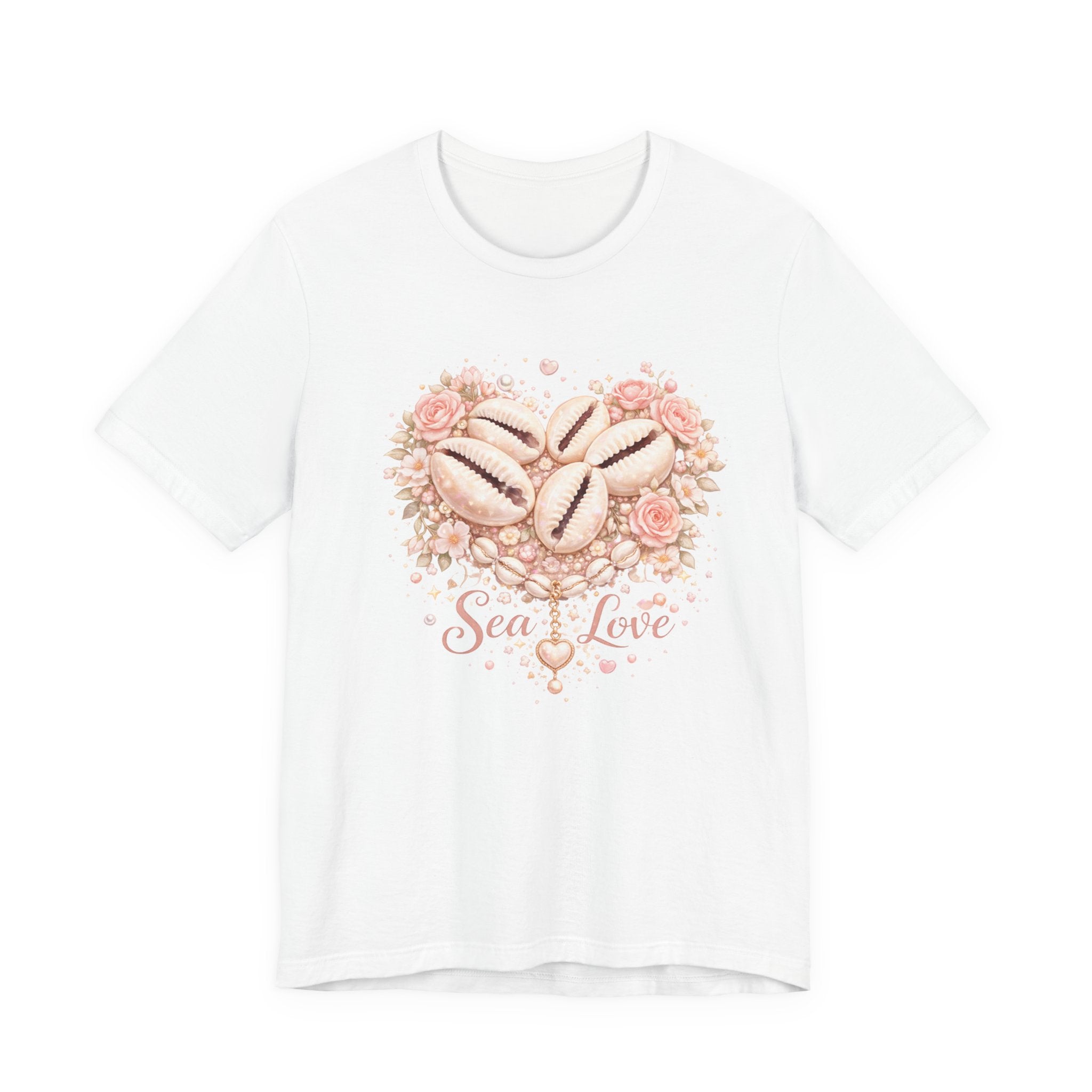 Sea Love seashell heart design Tee | coastal floral seashells, soft pink script