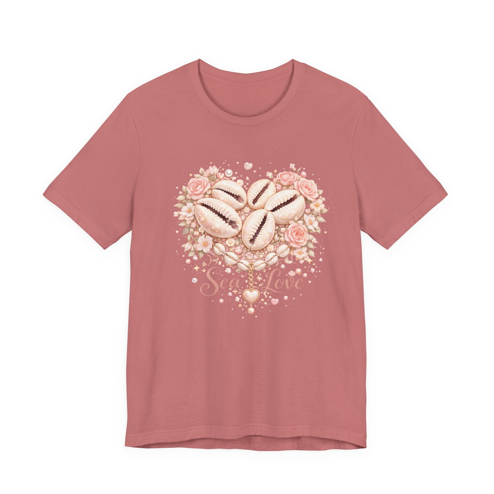 Sea Love seashell heart design Tee | coastal floral seashells, soft pink script