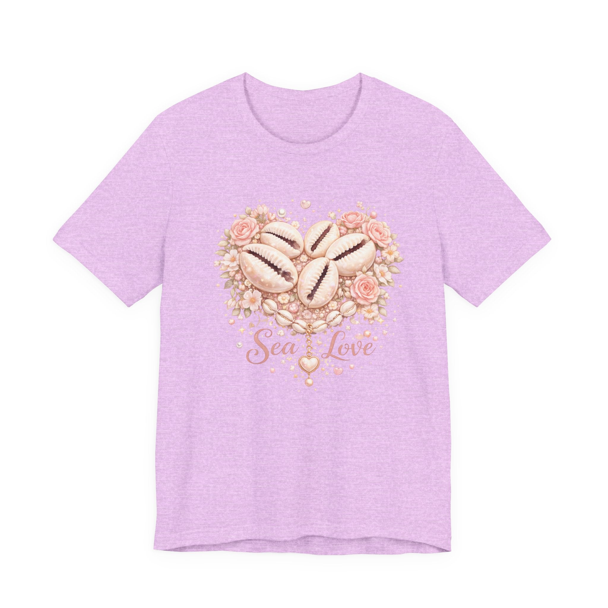 Sea Love seashell heart design Tee | coastal floral seashells, soft pink script
