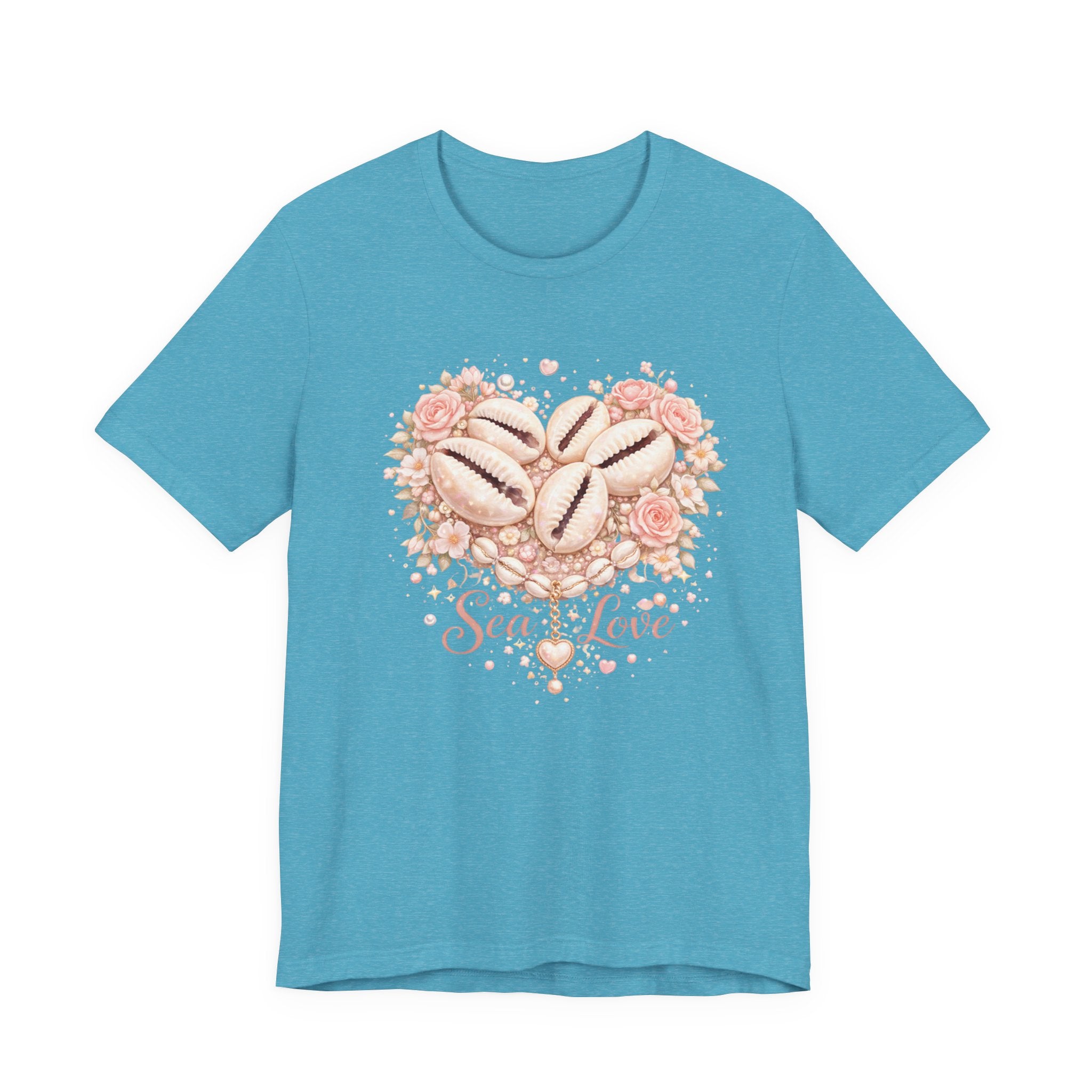 Sea Love seashell heart design Tee | coastal floral seashells, soft pink script